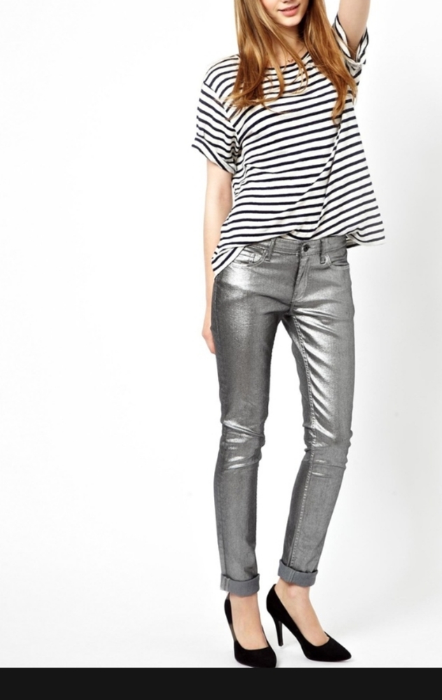 WHBM Silver Metallic Skinny Jeans